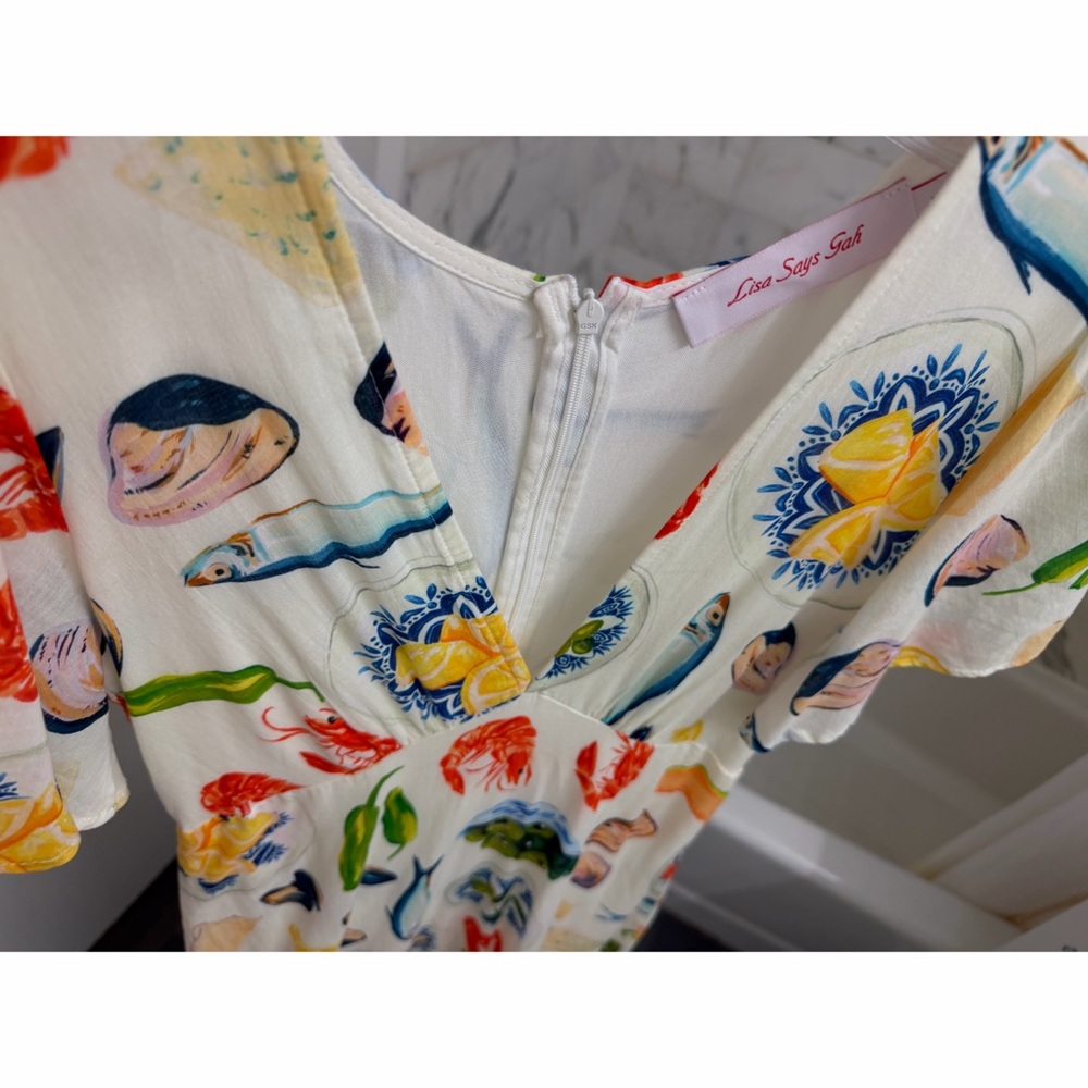 Lisa Says Gah Grace Food Print Midi Dress Tapas Ivory Lemon Olive Fruit XS - Picture 7 of 16